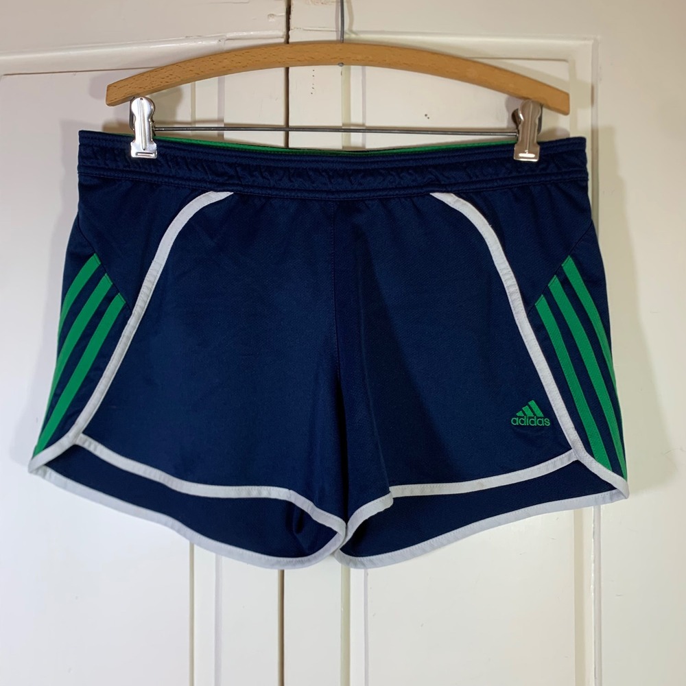 Adidas Navy Blue Green Striped Athletic Running Shorts Women Medium Gym READ